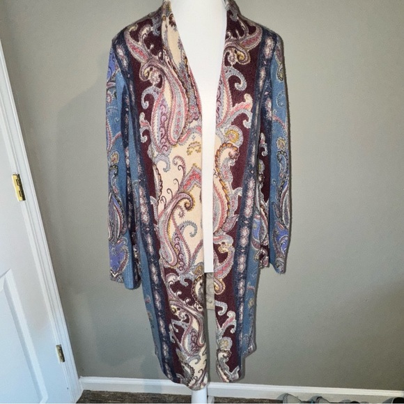 Chico's Sweaters - CHICO'S Paisley Print Long Open Front Shawl
Cardigan Tunic sz 2 US L / 12
